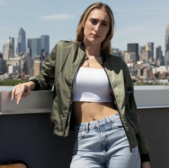 Bomber Jacket, Gunmetal Zippers, Olive Green, Women's Sz XL, New! - Picture 6 of 8